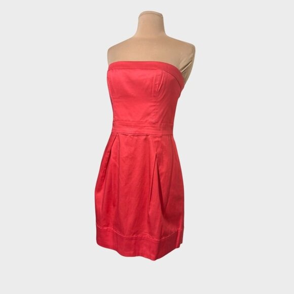 Coral Red Fit & Flare Mini Dress 4  Strapless Pleats Party cocktail French Conn - Picture 7 of 9